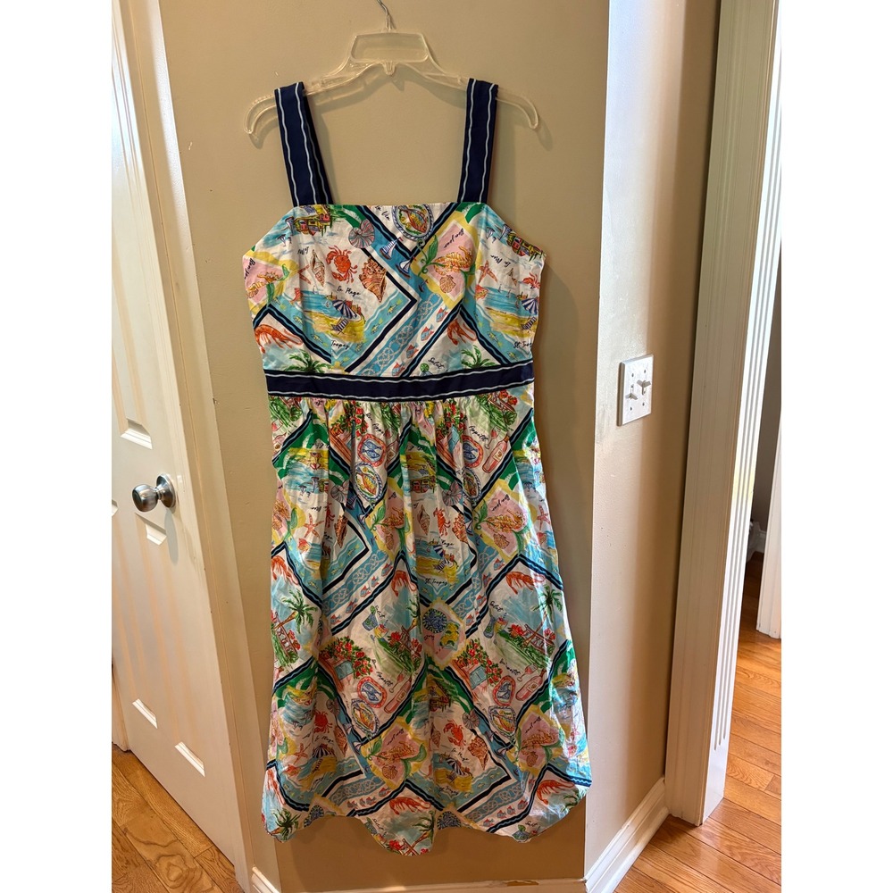 Talbots Petite 16P Cotton Nautical Postcard Print Midi Sundress St Tropez Blue